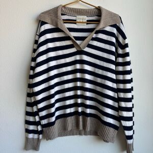Jumper 1234 100% Cashmere Pop Collar Stripe Black White Preppy Size Large